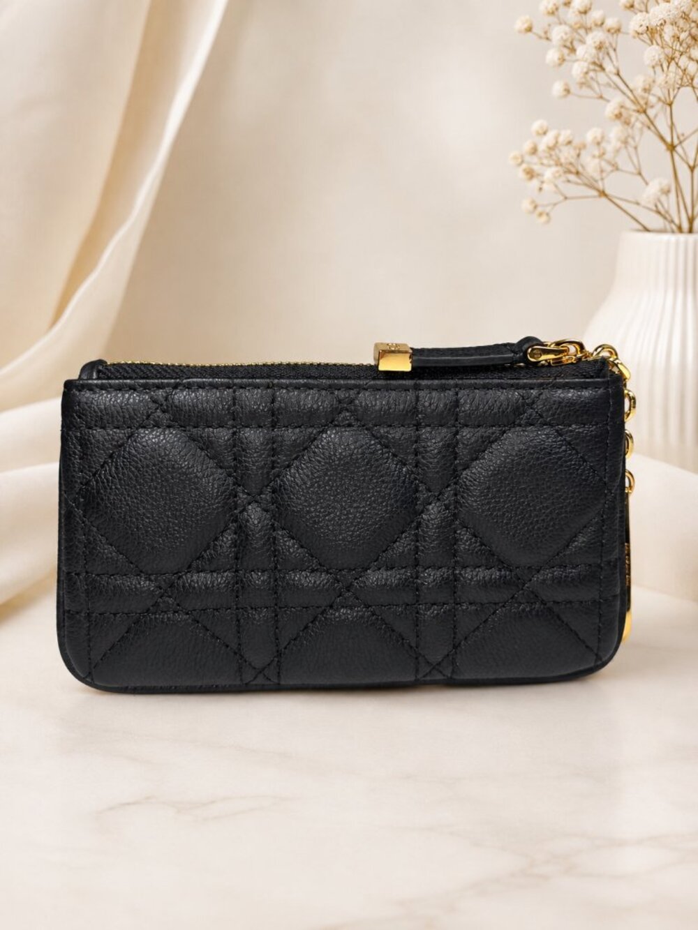 Dior Black Quilted Leather Zip Card Holder / Coin Pouch w Gold DIOR Hardware - Picture 3 of 7
